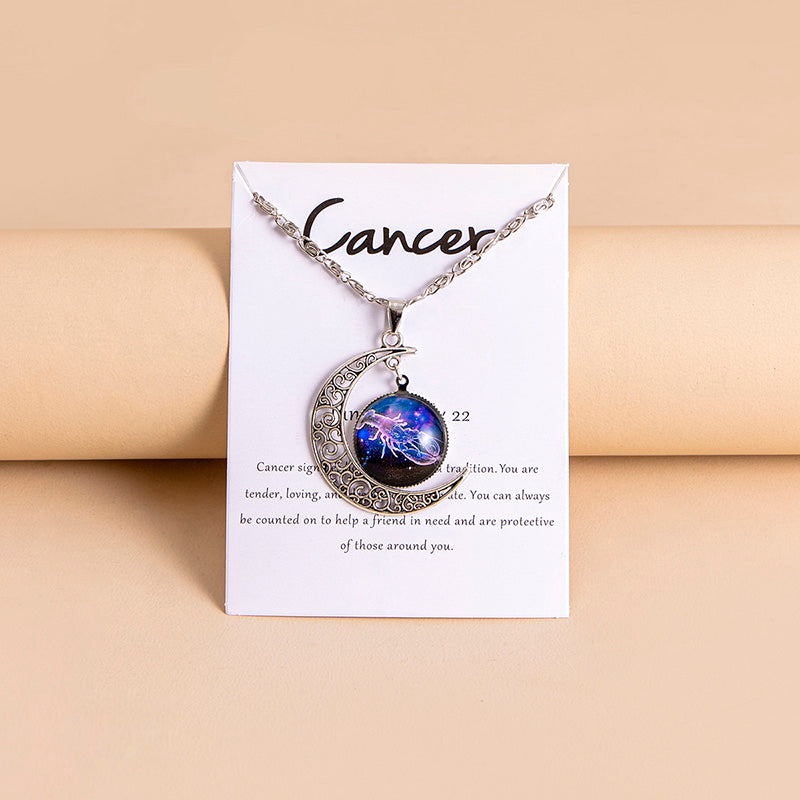 Collar con colgante de luna y 12 abalorios de cristal con signos del zodiaco para mujer y niña
