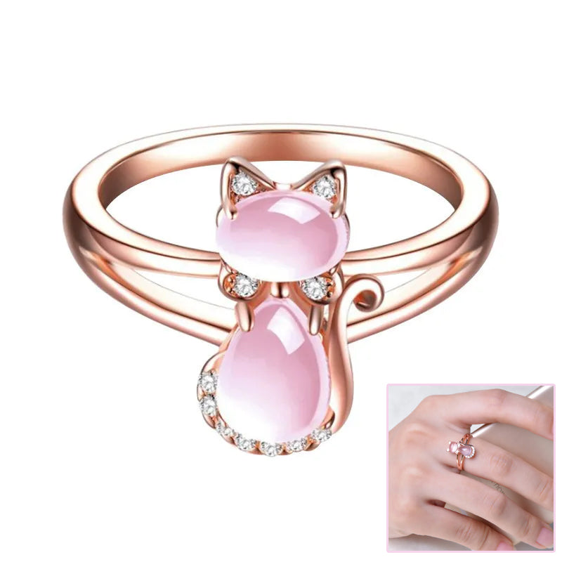 Roségold plattierter Kristall Süßer Tier Katze Ring Hibiskus Stein Kristall Diamant Ring Damen Party Schmuck für Tierliebhaber
