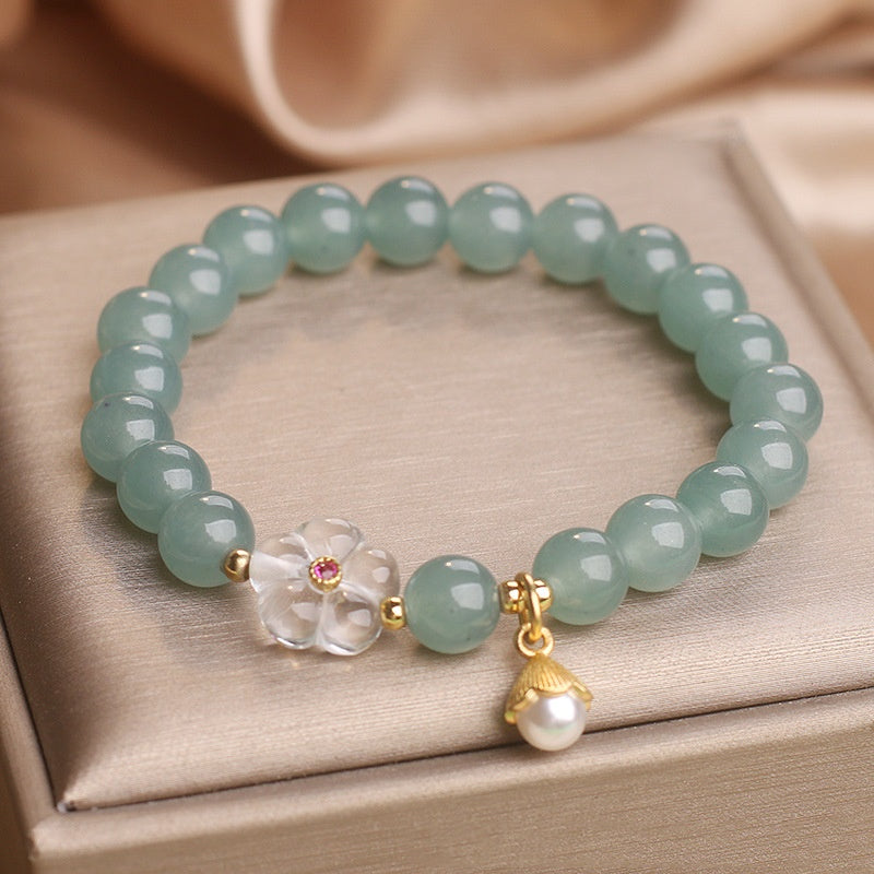 Pulsera de flores de cristal blanco de jade de agua azul para mujer