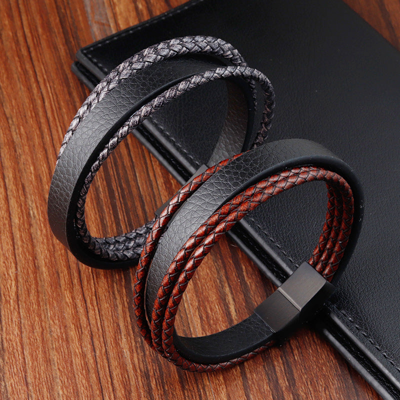 Pulsera de cuero trenzado multicapa retro