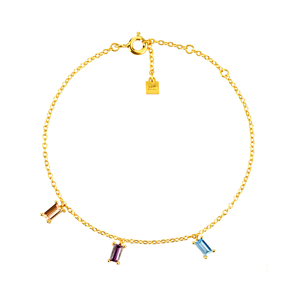 Simple Color 3 Square Stone Rainbow Sterling Silver Bracelet