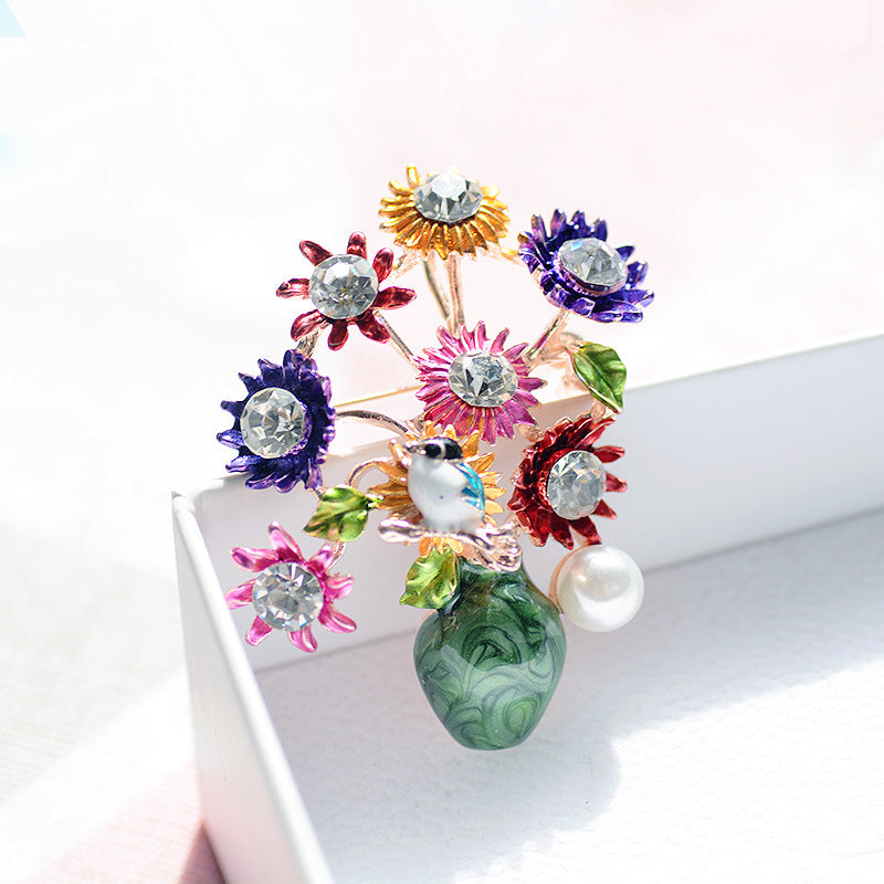 Vase Flower Arrangement Painted Brooch