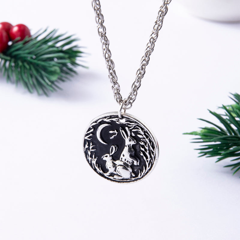 2023 New Cute Moon Rabbit Grass Antique Silver Pendant Necklace