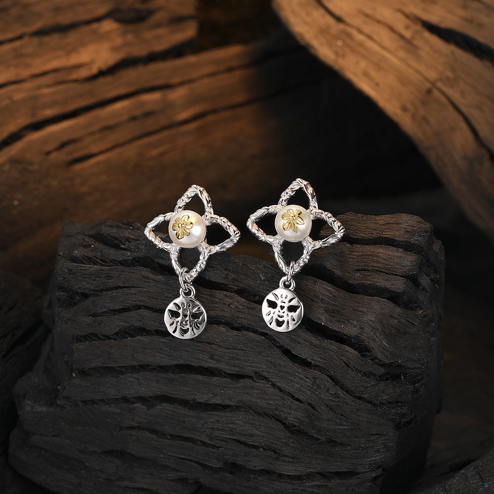 Pendientes de Perlas de Plata 925 con Diseño de Flor y Abeja