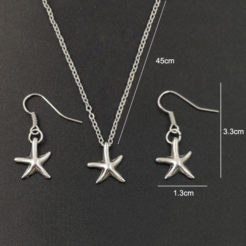 Süße kleine Seestern-Anhänger-Halskette Ohrringe für Frauen Mädchen Mode Silber Seestern Pentagramm Charms Schmuckset