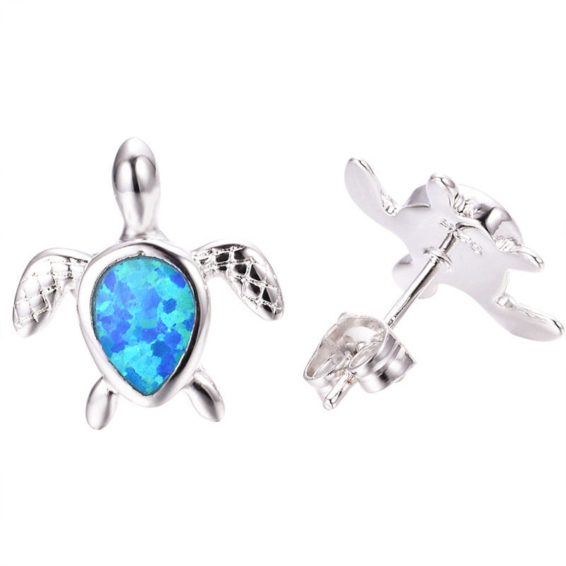 Pendientes de moda pequeños de tortuga con joyería de oro, aretes de piedra de proteína azul, pendientes dobles femeninos