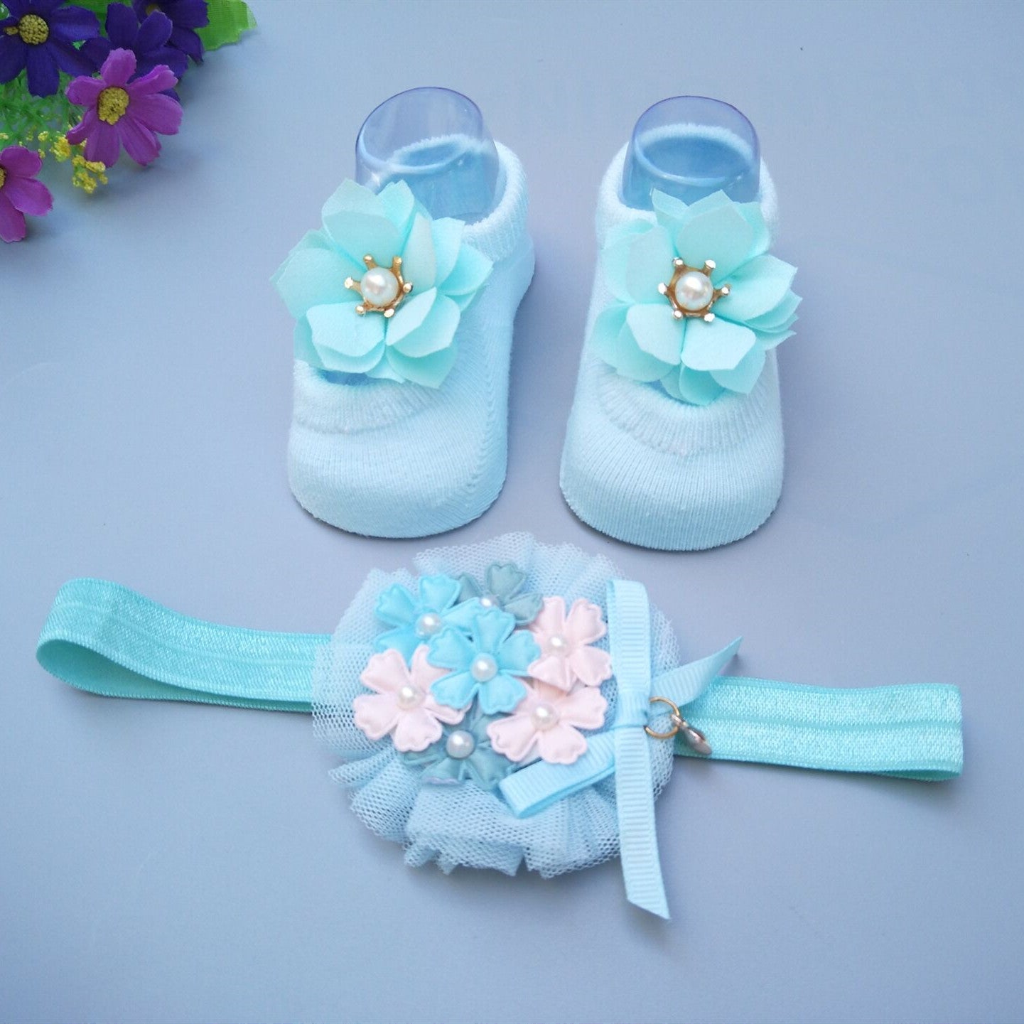 Caja de regalo de calcetines y diadema para bebé niña