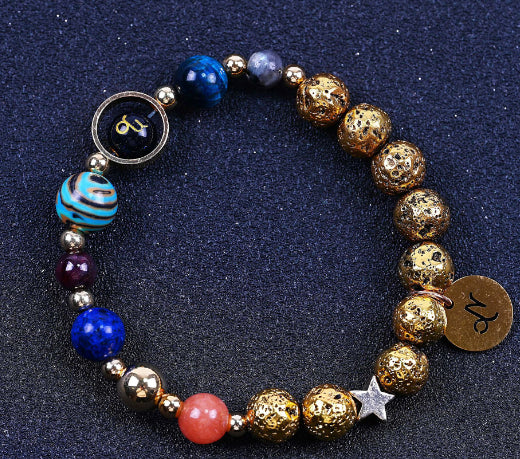 Zwölf Sternzeichen Armbänder Blau San Vulkangestein Antik & Gold Perlenarmband