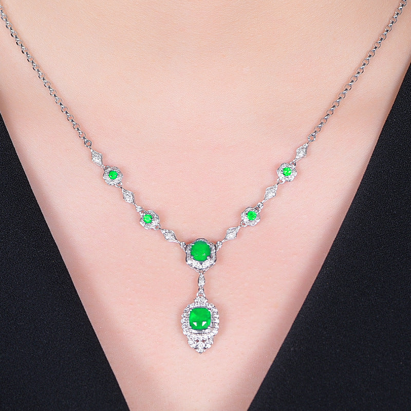 Edles Diamant Grüner Edelstein Abendkleid Kette Anhänger Halskette Set