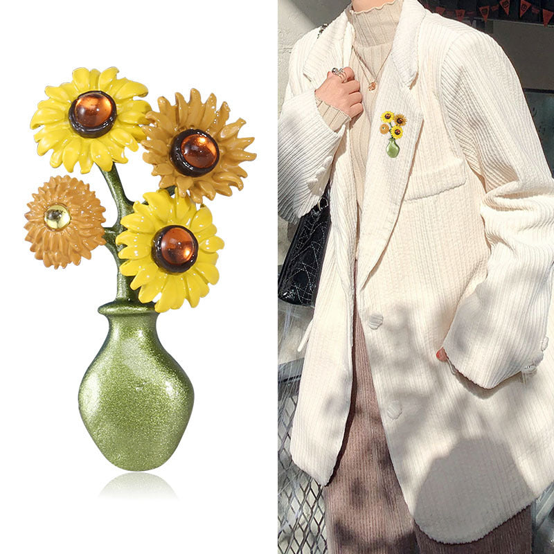 Broche Girasol Vintage Florero Cristal Esmalte Pins Joyería de Moda Camisa Cárdigan Solapa Broches Accesorios