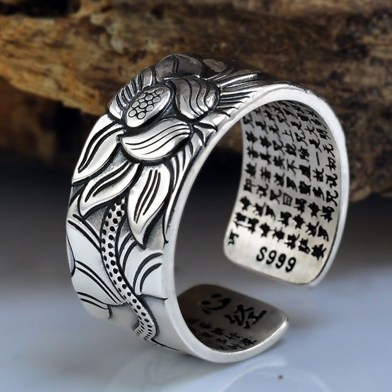 Thai Silber Schwarz Männer- Und Frauen-Lotus-Herz-Sutra-Ring