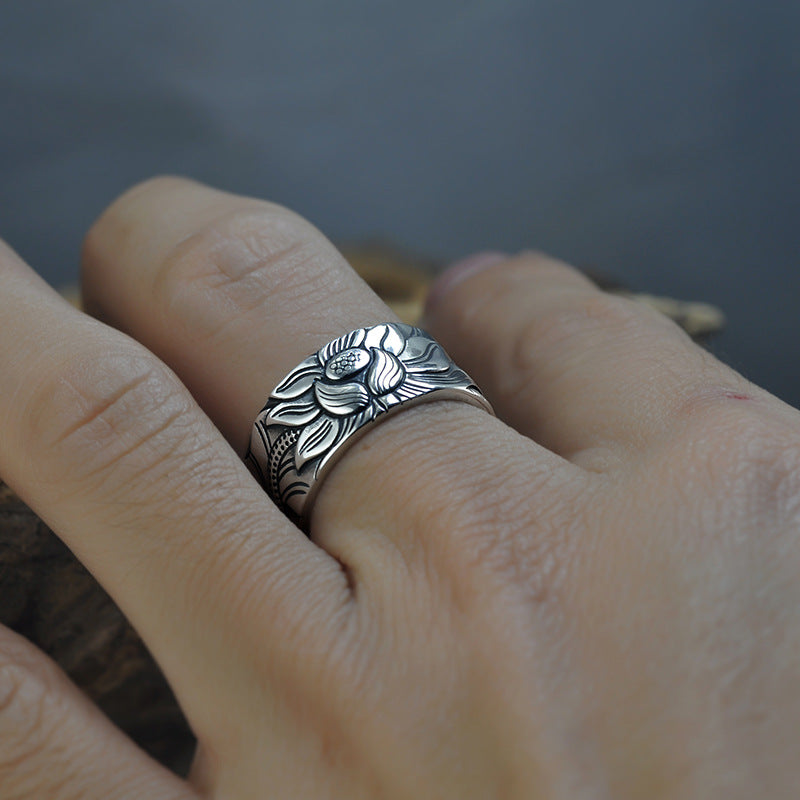 Anillo De Sutra De Loto De Plata Tailandesa Para Hombres Y Mujeres