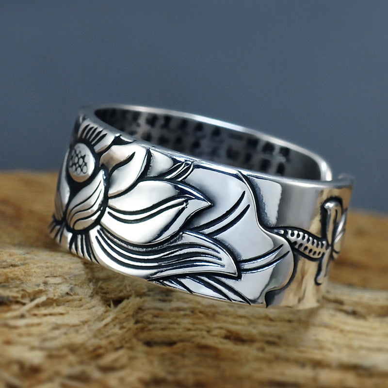 Thai Silber Schwarz Männer- Und Frauen-Lotus-Herz-Sutra-Ring