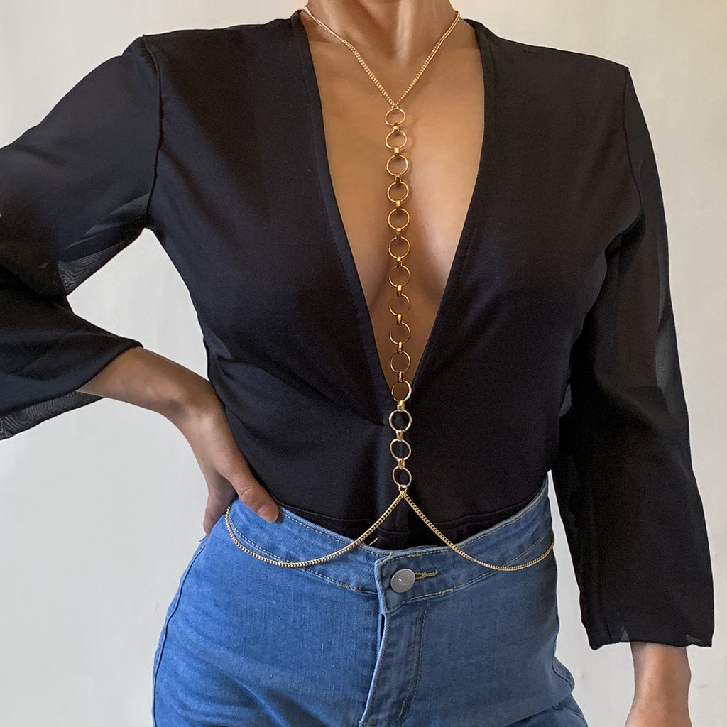Collar de cadena de anillos redondos, cadena para el cuerpo de mujer