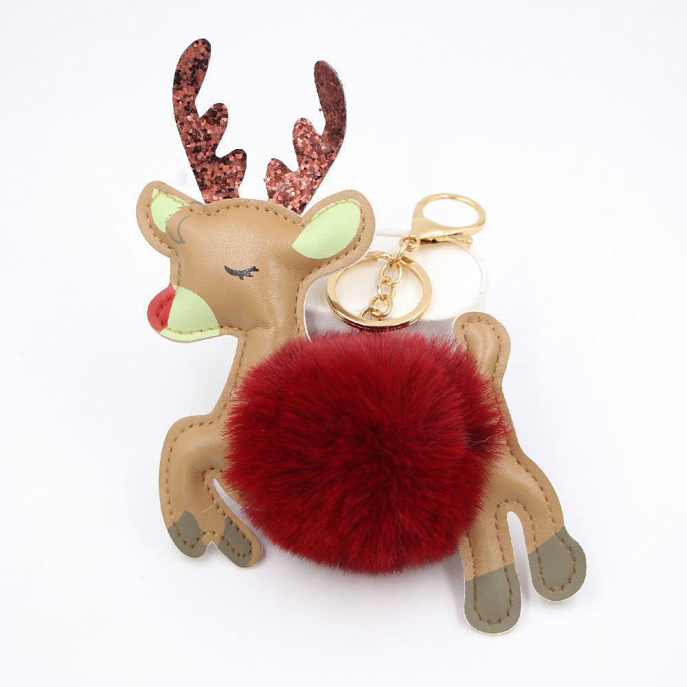 Llavero Colgante de Reno Navideño con Pompones para Bolsos