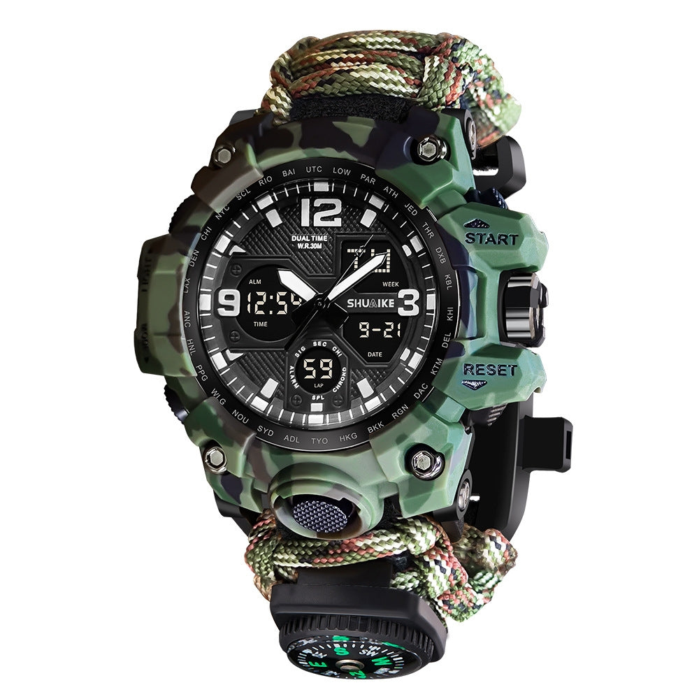 Reloj Electrónico de Doble Pantalla Silbato Encendedor Brújula Termómetro Reloj para Hombre