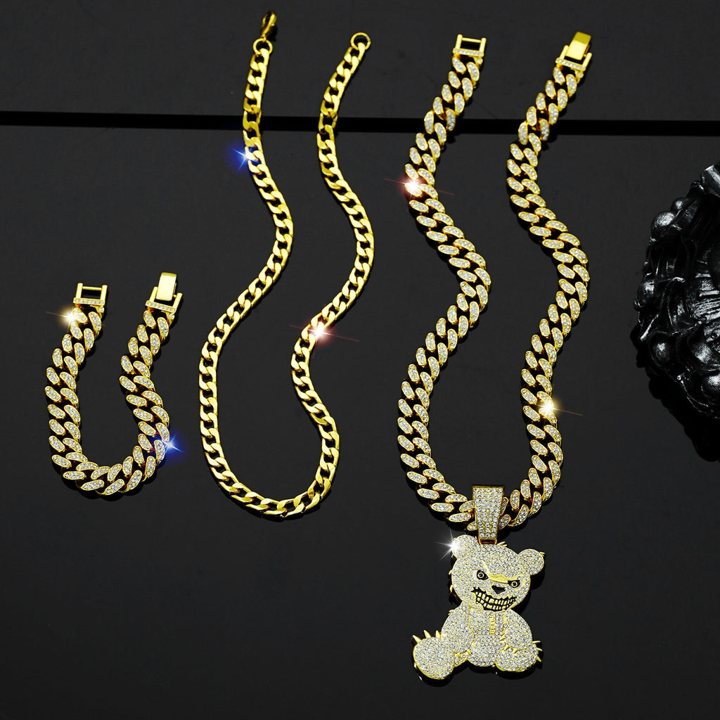 Modeschmuck vollständig besetztes Bären-Anhänger-Halsketten-Armband dreiteiliges Set