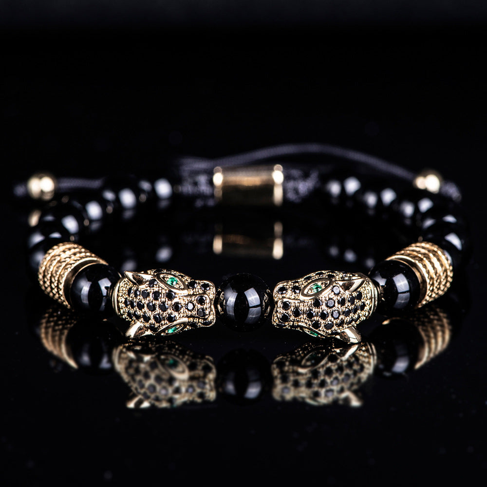 Men's Black Double Leopard Head Braided Stainless Steel Roman Numeral Bracelet Suit