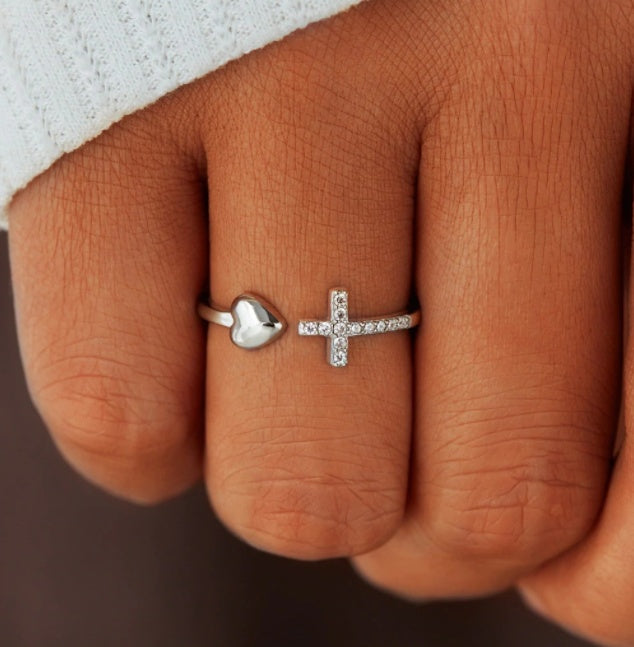 S925 Sterling Silver Love Cross Women'sOpen Ring