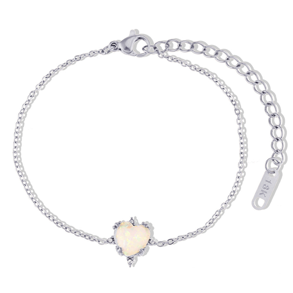 European And American Fashion Retro Popular Bracelet Ear Studs Stainless Steel Gold-plated Peach Heart Opal Necklace