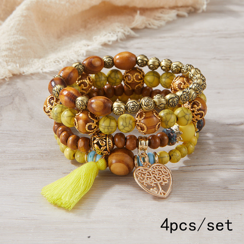 Pulsera Bohemia de Cuentas de Madera de Múltiples Capas