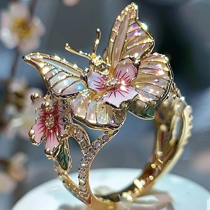 Anillo de mujer de mariposa y flor con aceite goteante, con incrustaciones de cristal 3D brillante, elegante, ajustable y transparente, chapado en oro, con diseño de animales e insectos, estilo estético, joyería de moda