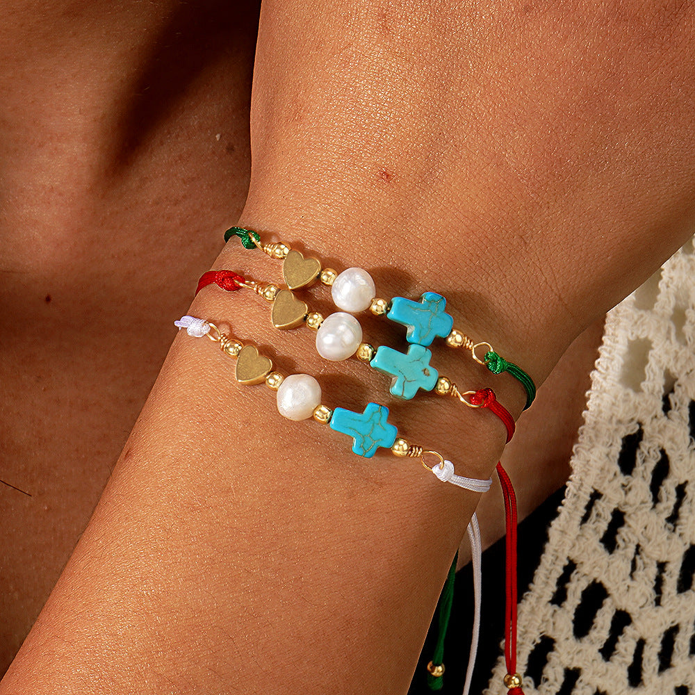 Blue Pine Cross Peach Heart Pearl Carrying Strap