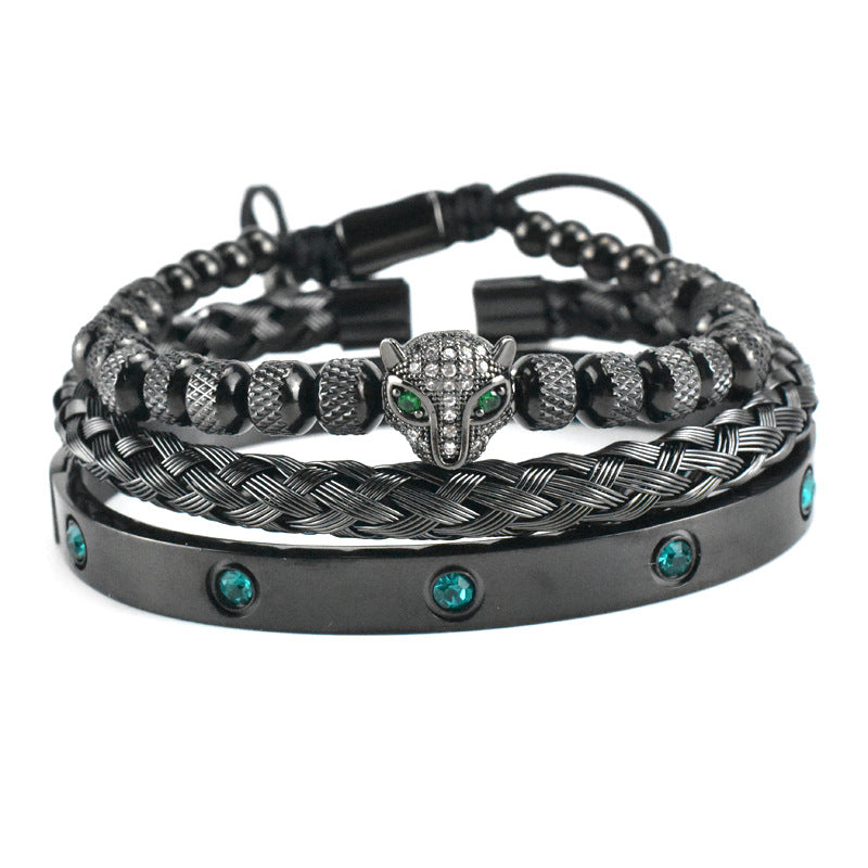 Pulsera Microincrustada Cabeza de Leopardo Ojo Verde Acero Inoxidable Zircón Verde Diez Diamantes