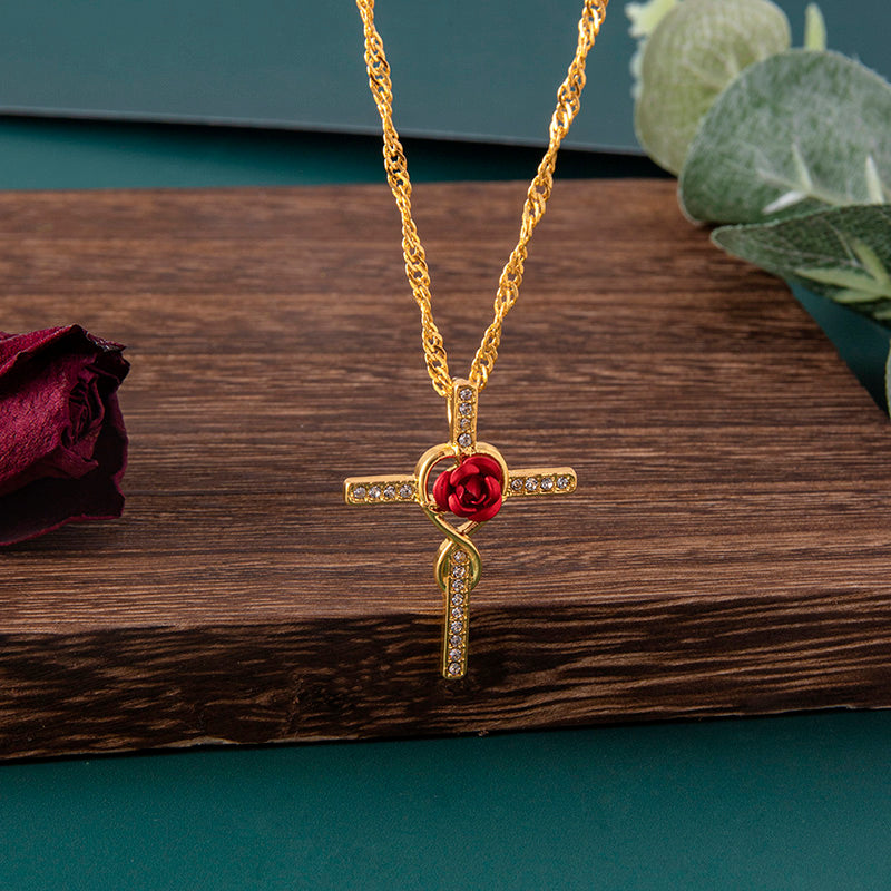 Mode Rose Blume Kreuz Halskette Gold Kristall Unendlichkeit Anka Anhänger Halsketten für Frauen Religiöser Schmuck