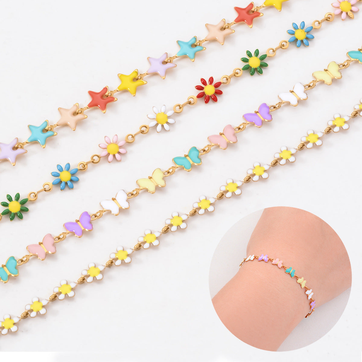 Stainless Steel Colorized Butterfly Five-pointed Star Flower Bracelet