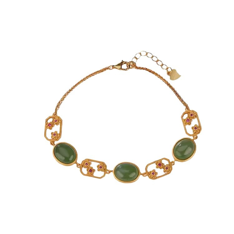 Pulsera de Fideos de Jaspe Natural S925 Plata de Ley Chapada en Oro Ciruela Hueca