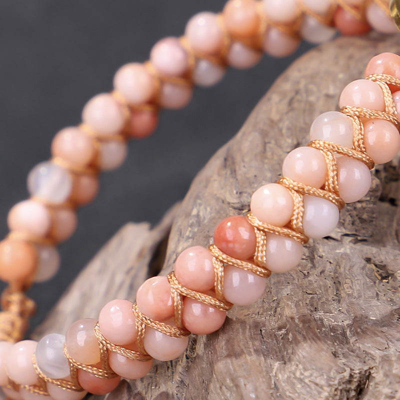 Doppellagiges, handgewebtes Armband mit Natursteinen und Hohlmustern für Yoga und Meditation