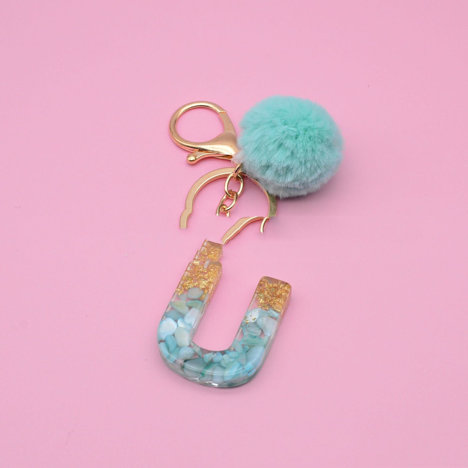 26 English Alphabet Keychains, Green Shell And Gold Foil Epoxy Bag Key Pendant