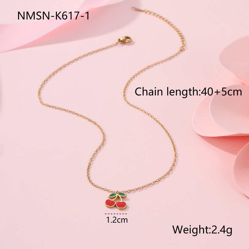 Collar con colgante de cereza, pulsera, pendientes de acero titanio y anillos