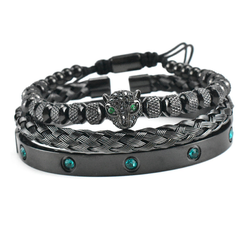 Pulsera Microincrustada Cabeza de Leopardo Ojo Verde Acero Inoxidable Zircón Verde Diez Diamantes