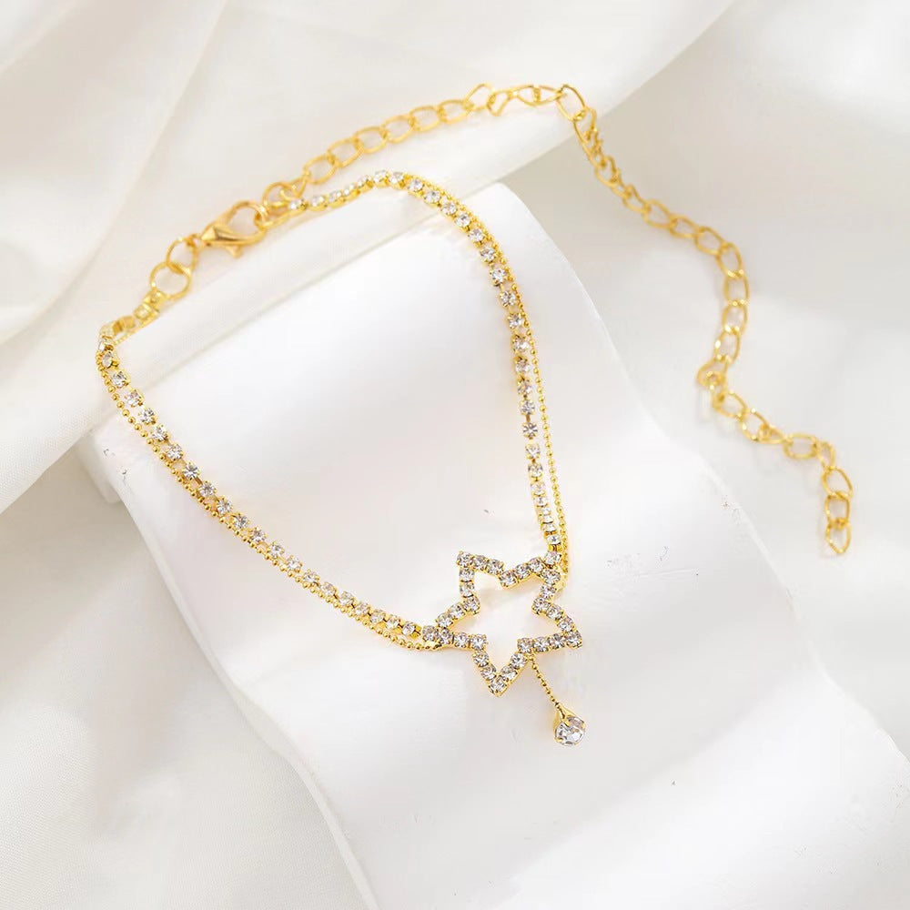 Collar y tobillera con diseño de corazón de estrella de cinco puntas con diamantes de imitación para mujer