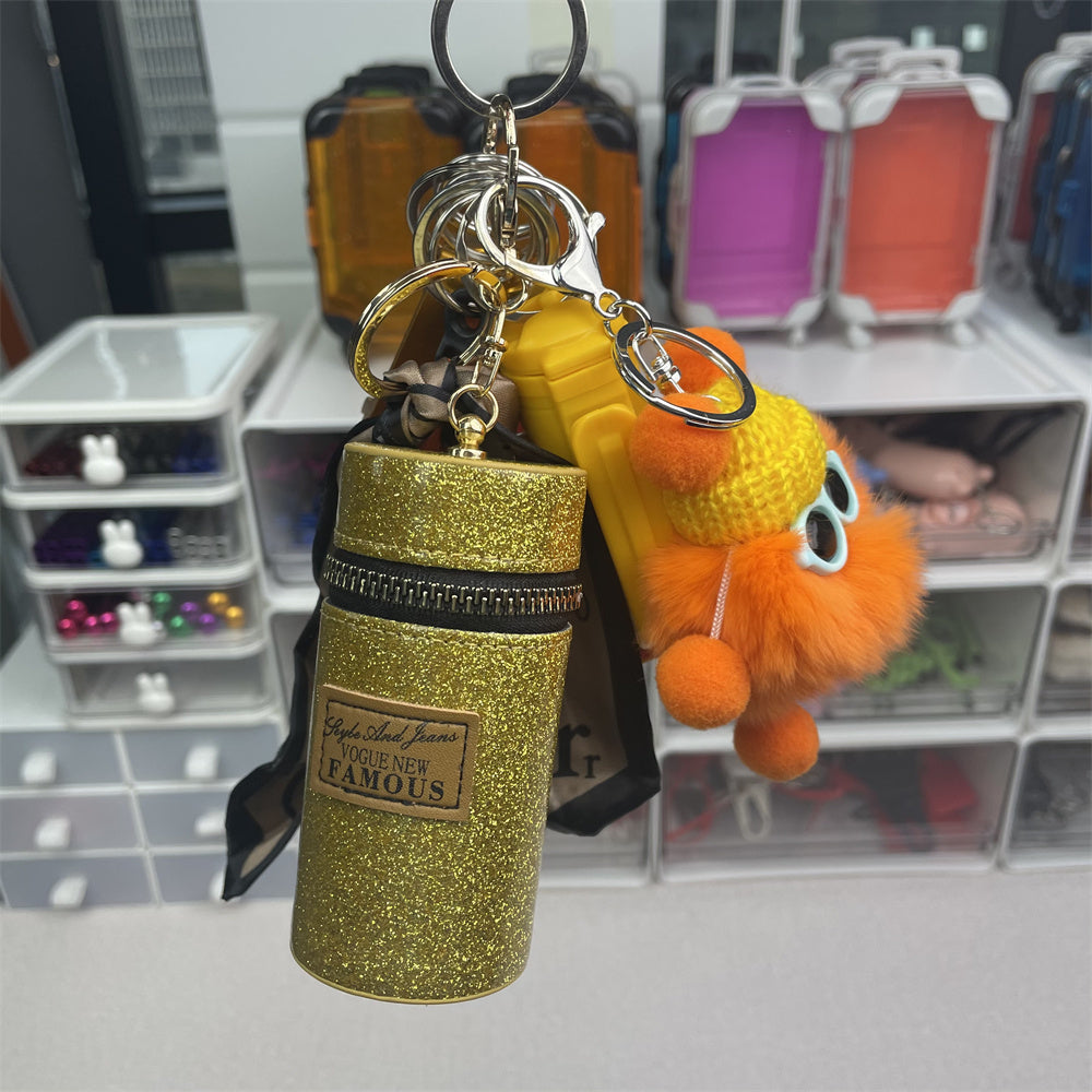 Bolsa de Lápiz Labial con Bola de Pelo, Pulsera, Llavero, Set de Pulseras