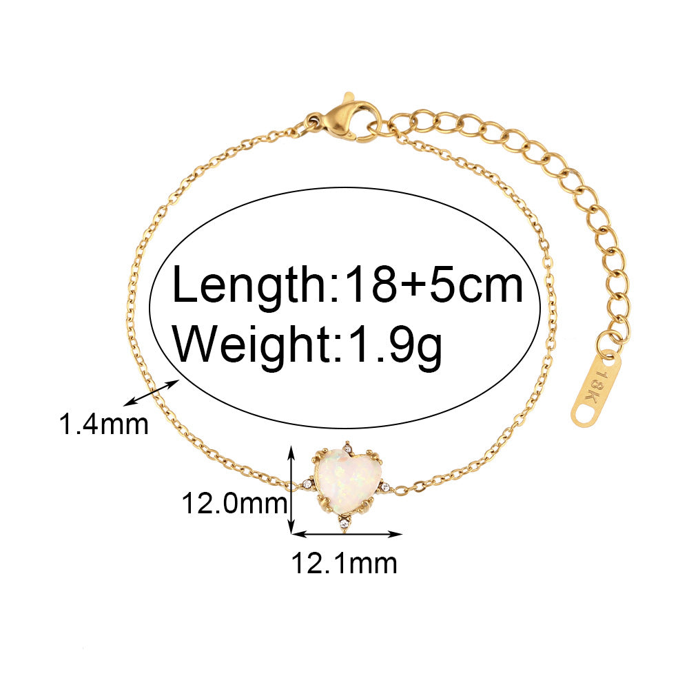 European And American Fashion Retro Popular Bracelet Ear Studs Stainless Steel Gold-plated Peach Heart Opal Necklace