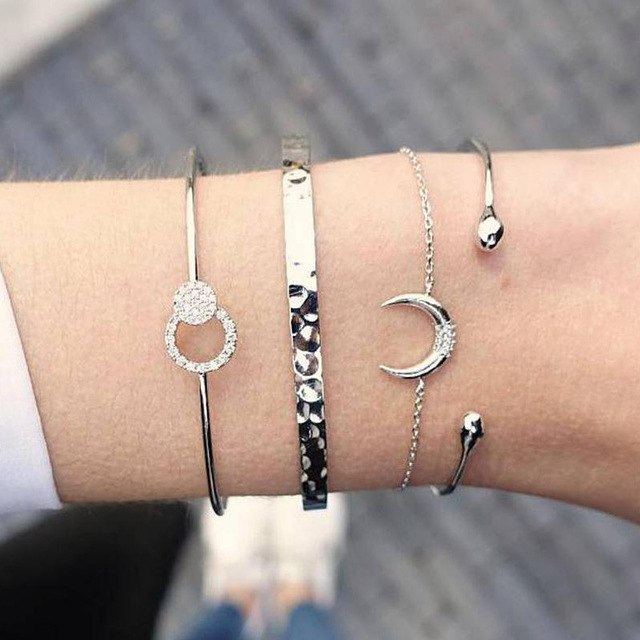 Conjunto de Pulseras de Oro Plata Cristal Hoja Luna Flecha Gato de Moda para Mujer Pulsera Ajustable Geométrica Brazaletes Pulseiras