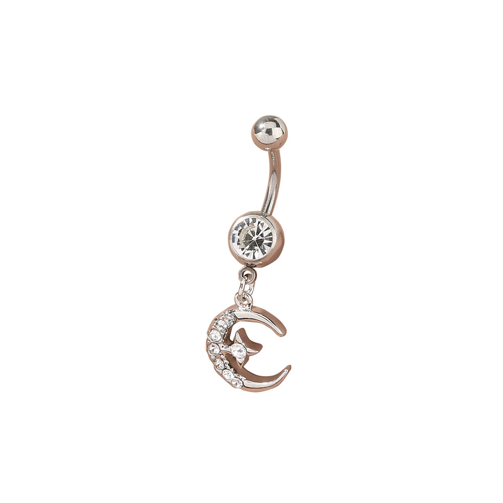 Pendientes de ombligo de acero inoxidable con diseño de luna y estrella con diamantes, exquisitos y brillantes, joyería de perforación corporal, tendencia de moda europea y americana.