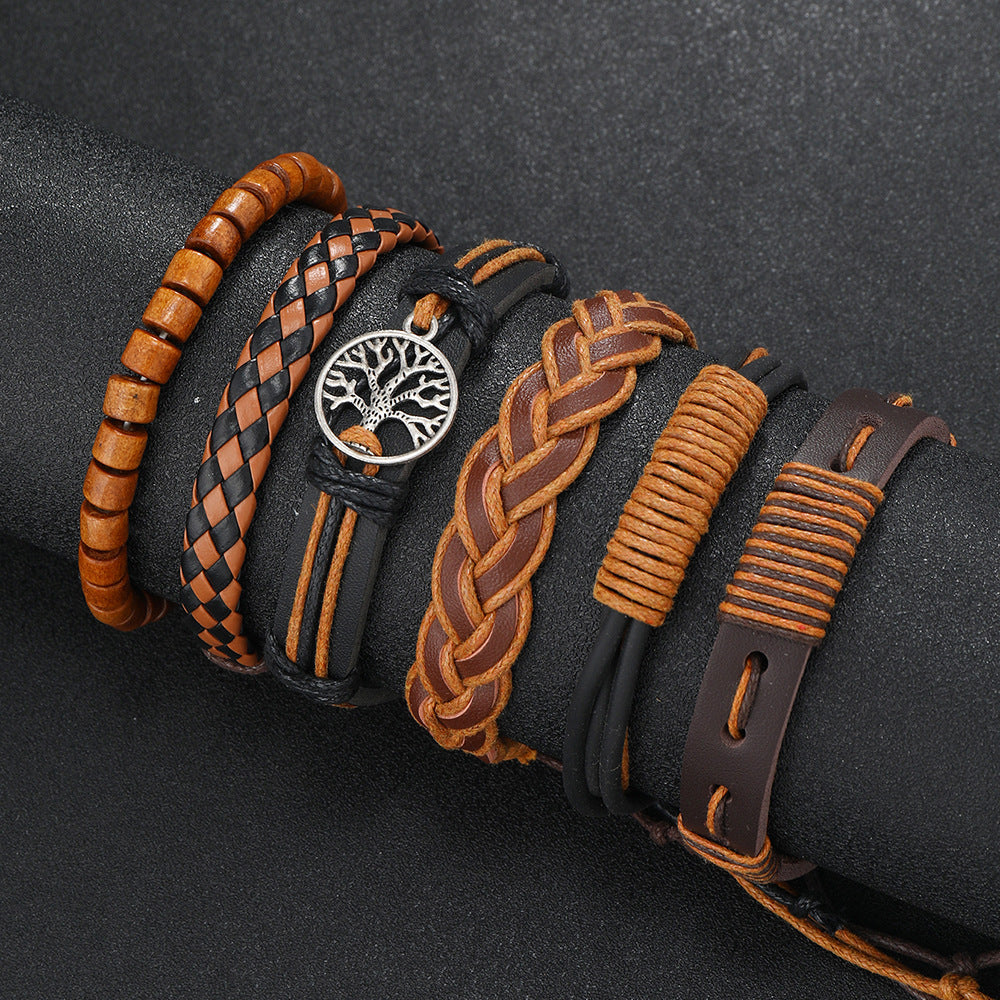 European And American Men's Vintage Weave Multi-layer Leather Bracelet Lucky Tree Series Six-piece Set