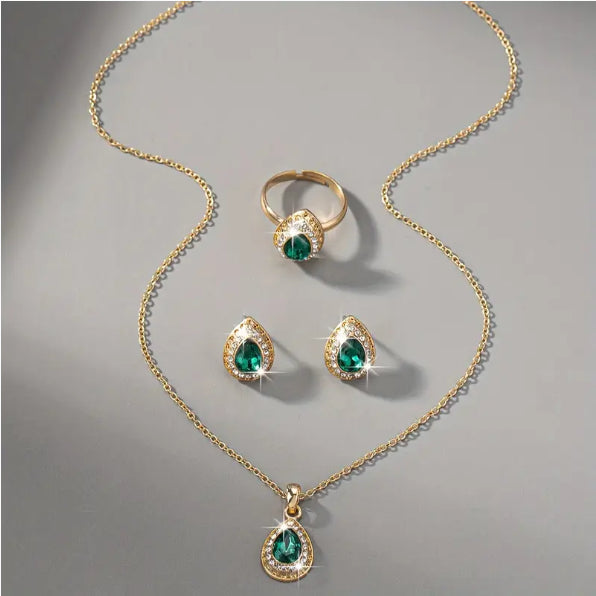 Schmuckanzug Damen Wassertropfen-Edelsteinserie Halskette Ohrring Ring Armband Vierteiliges Set