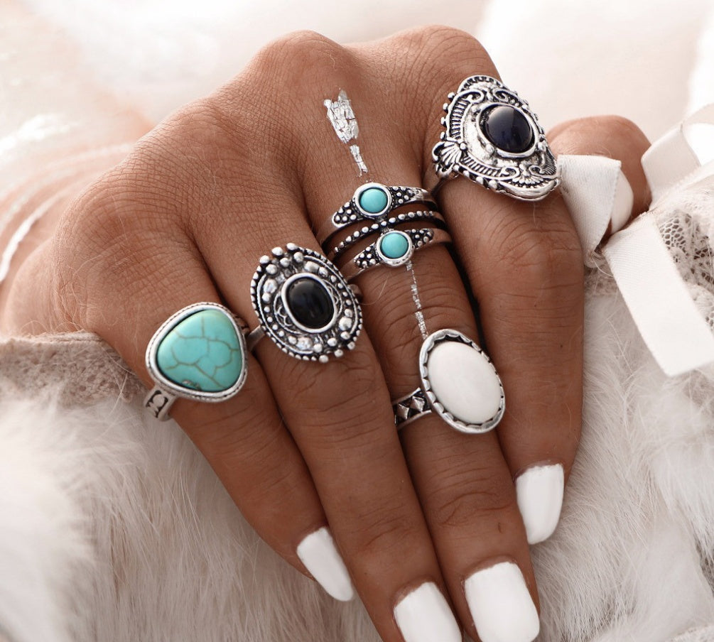 Böhmischer Retro-Ethno-Stil, eingelegter schwarzer Edelstein, Opal, Türkis, Gelenkring