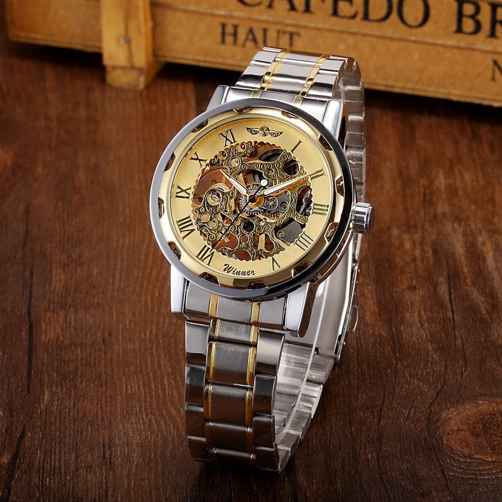 Die Gewinner-Herrenmode Business Casual Space Gravur Goldarmband Handaufzug-Mechanikuhr