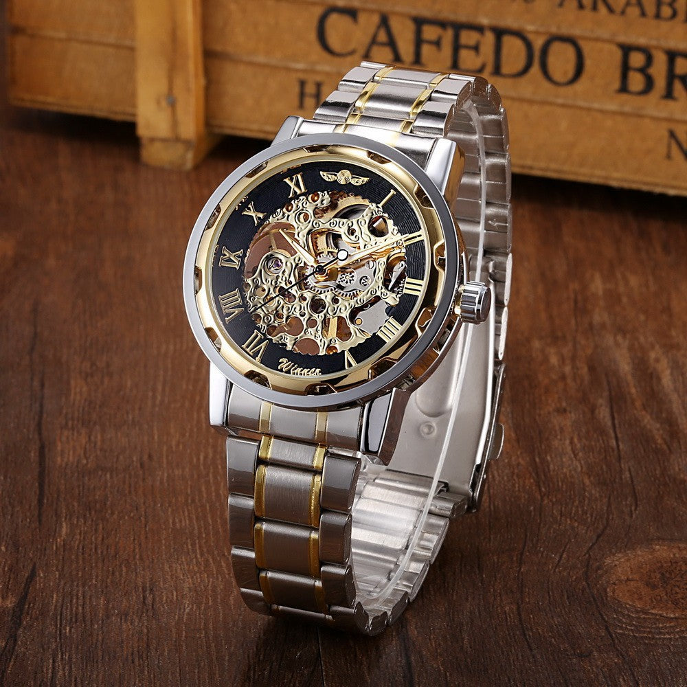 Die Gewinner-Herrenmode Business Casual Space Gravur Goldarmband Handaufzug-Mechanikuhr