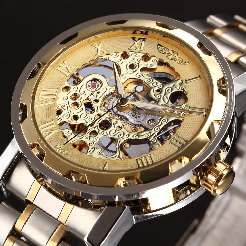 Die Gewinner-Herrenmode Business Casual Space Gravur Goldarmband Handaufzug-Mechanikuhr