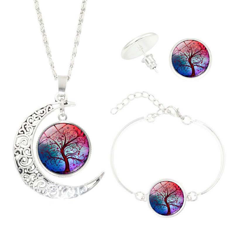 Baum des Lebens Zeit-Edelstein Ohrringe Schmuck Halsketten-Set