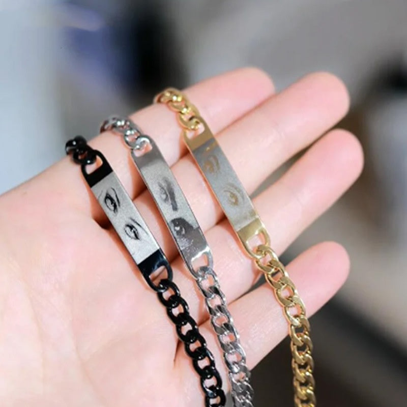 Personalisiertes Armband mit menschlichem Auge, DIY-Laser-graviertes Edelstahl-Paararmband, graviertes Porträtarmband