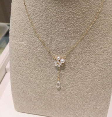 Collar con colgante de perla de concha blanca y cristal de diamante chapado en oro K de plata de ley 925, cadena para clavícula