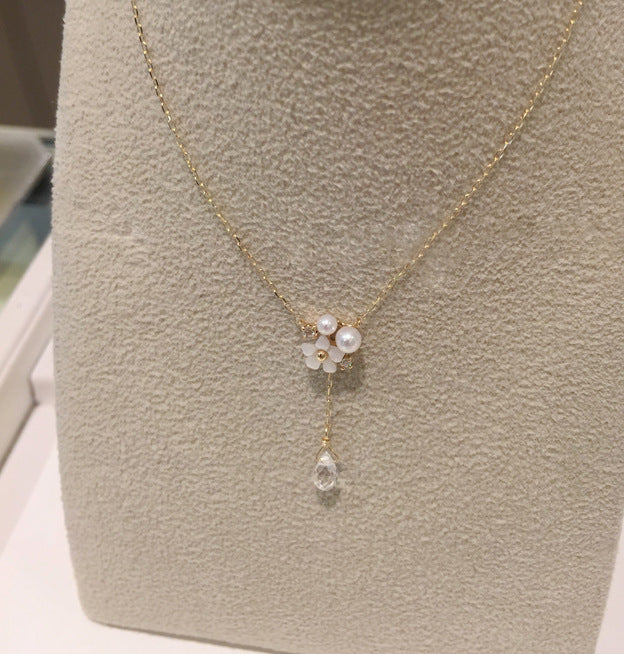 Collar con colgante de perla de concha blanca y cristal de diamante chapado en oro K de plata de ley 925, cadena para clavícula